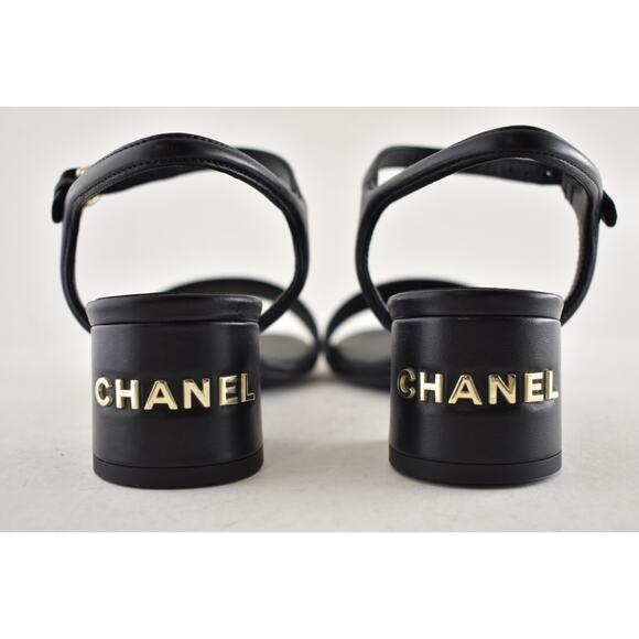 Chanel 24C Black Lambskin Leather Gold Logo Ankle Strap Block Heel Sandal 38 - Picture 10 of 14